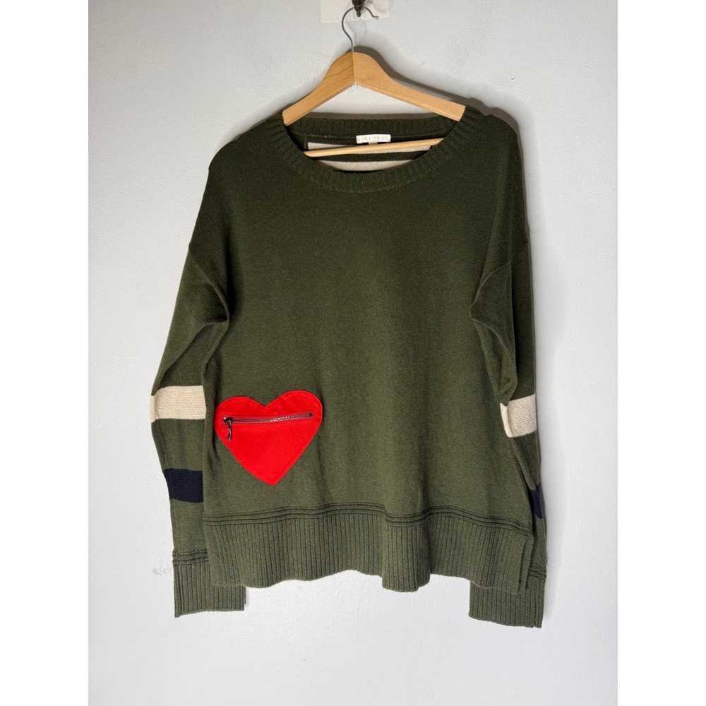 Lisa Todd Olive Green Cotton Cashmere Heart Zip Pocket Striped Sleeve Sweater XL